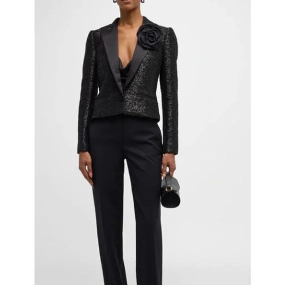L'Agence Scarlet Black Sequin Cropped Blazer with Rose Pin Size 6 - Picture 2 of 8